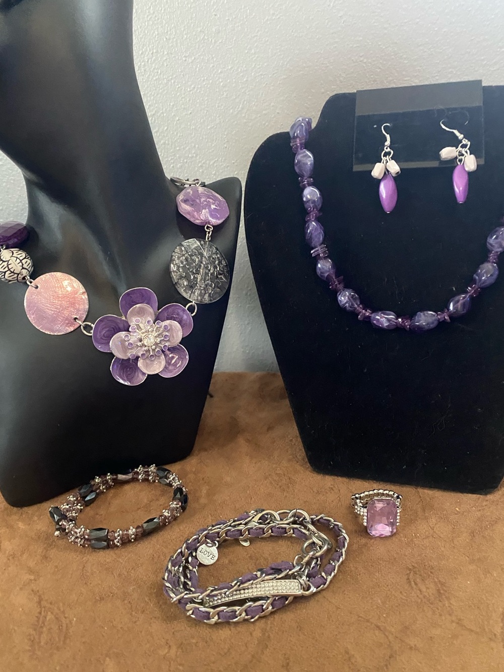 NYC Purple Floral Statement & Beaded Necklaces, wrap bracelet, ring, earrings